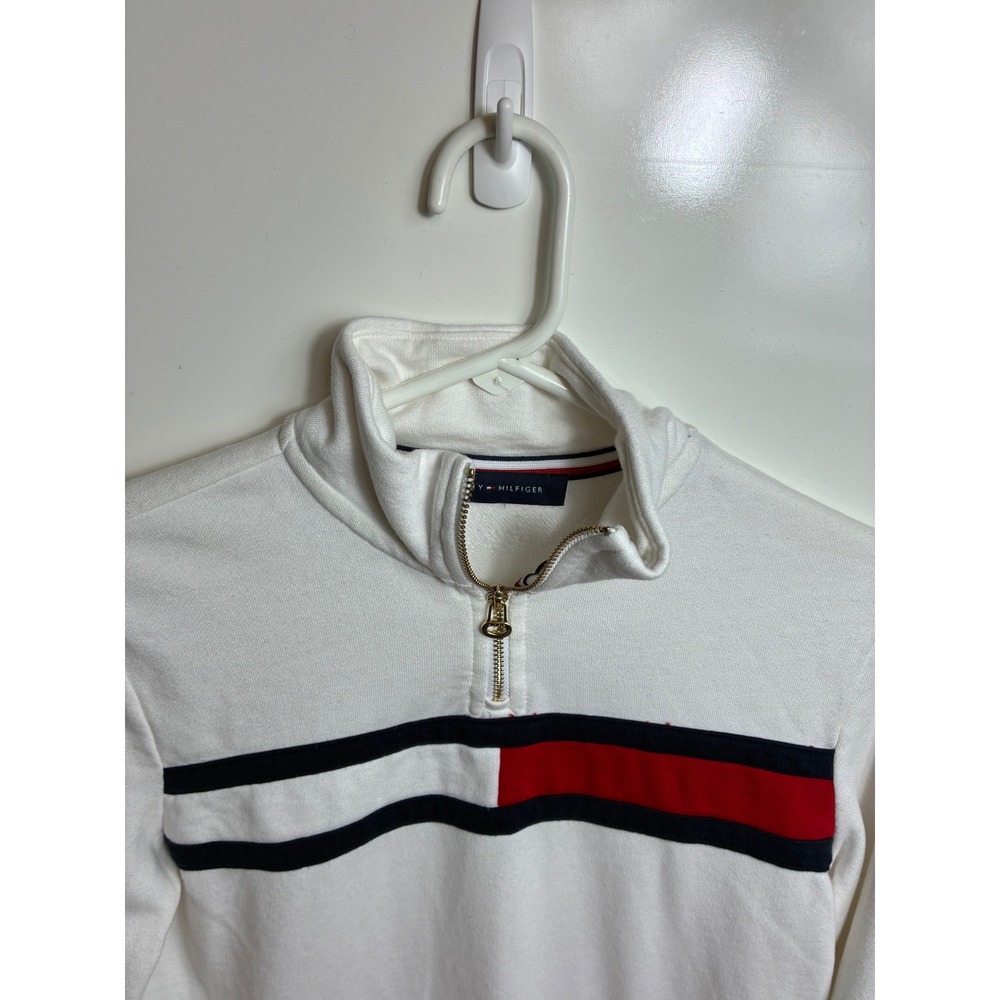 Tommy Hilfiger Womens Quarter Zip Sweatshirt White Flag Logo Pullover Fleece L - Picture 4 of 6